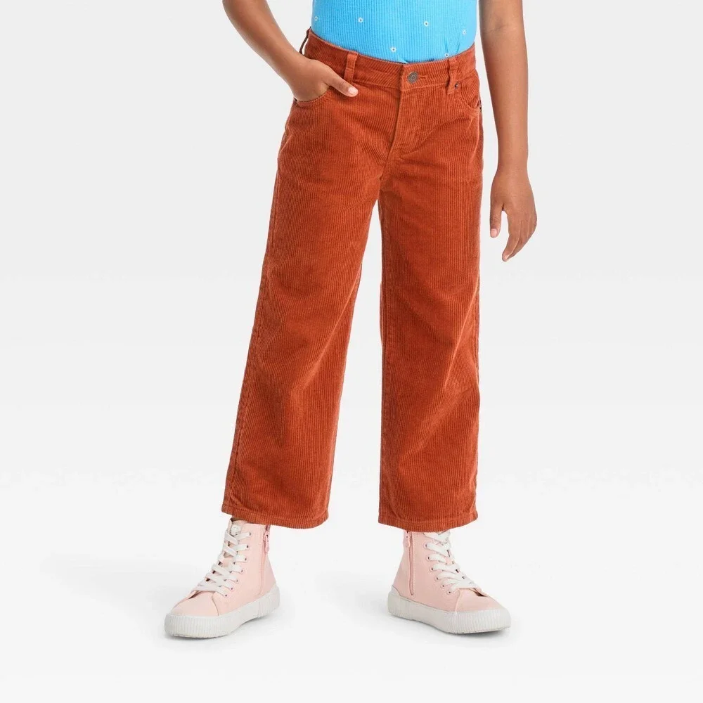 Girls' Wide Leg Corduroy Crop Pants - Cat & Jack Orange Brown 8